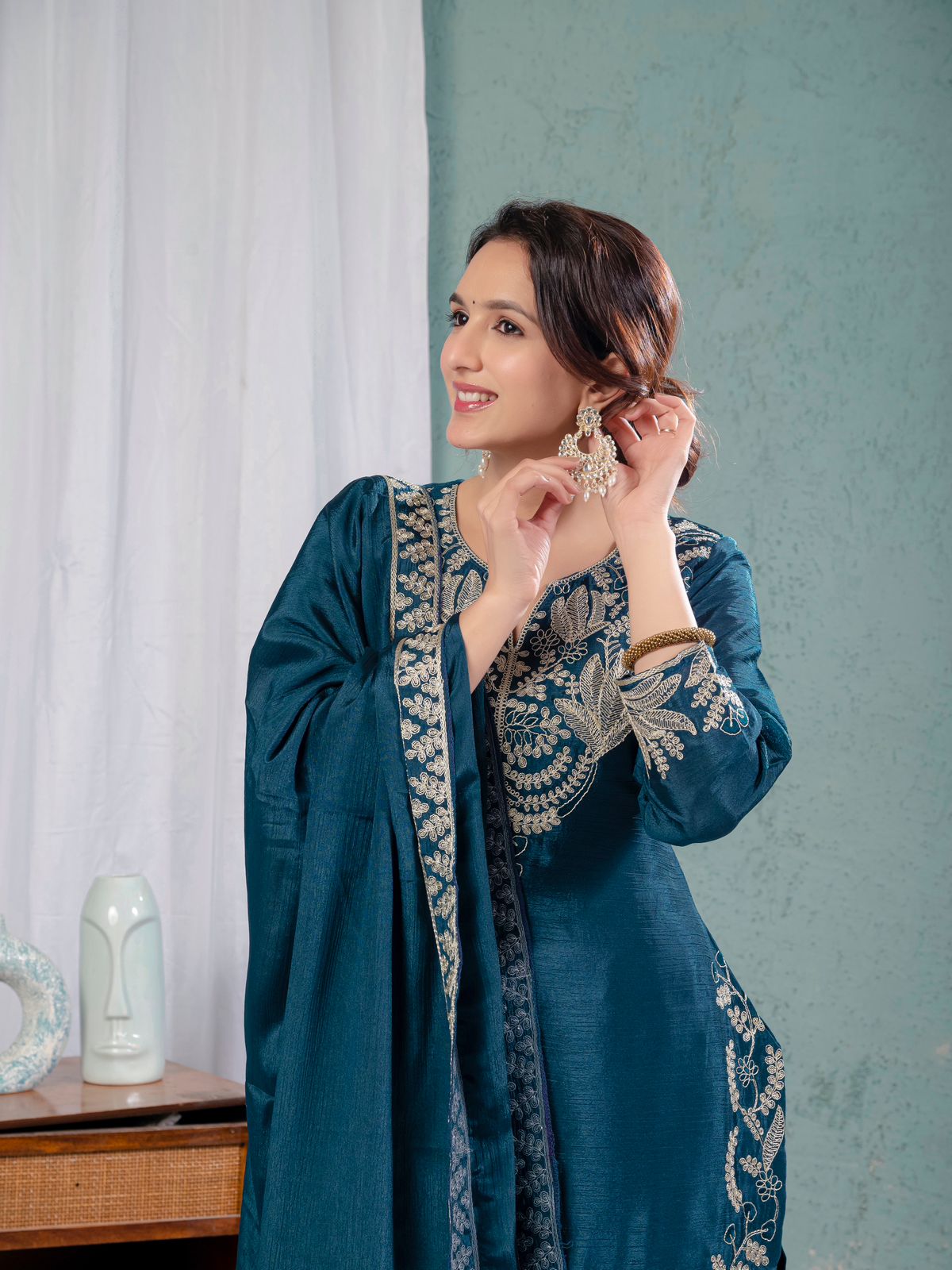 Teal Blue Color Pure Heavy Chinon Silk With Heavy Embroidery Coding Sequence Work Sharara Suit