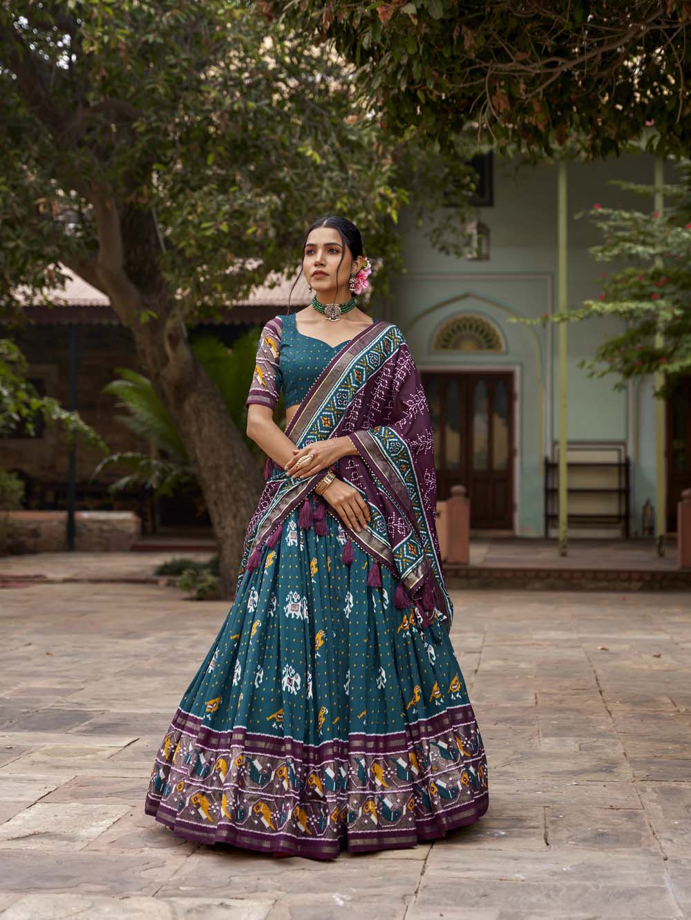 Teal Color Patola Print With Foil Work Tussar Silk Lehenga Choli