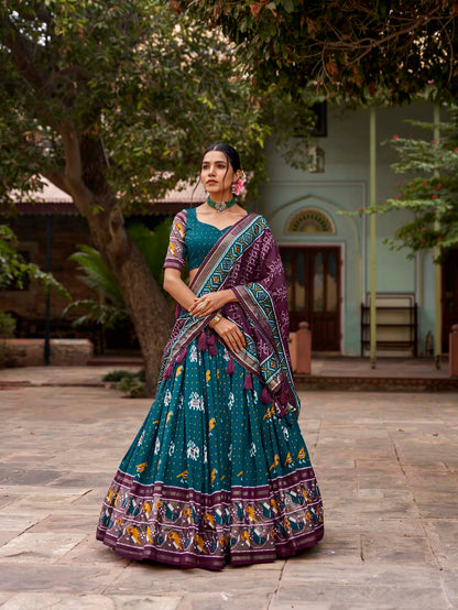 Teal Color Patola Print With Foil Work Tussar Silk Lehenga Choli