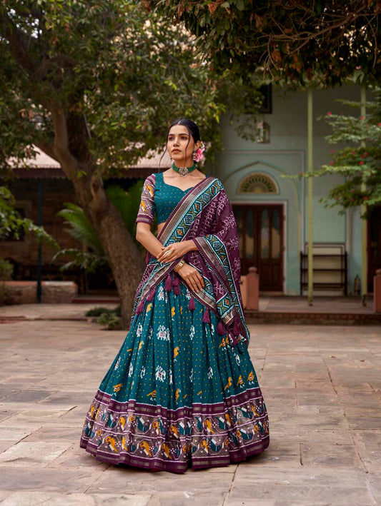 Teal Color Patola Print With Foil Work Tussar Silk Lehenga Choli