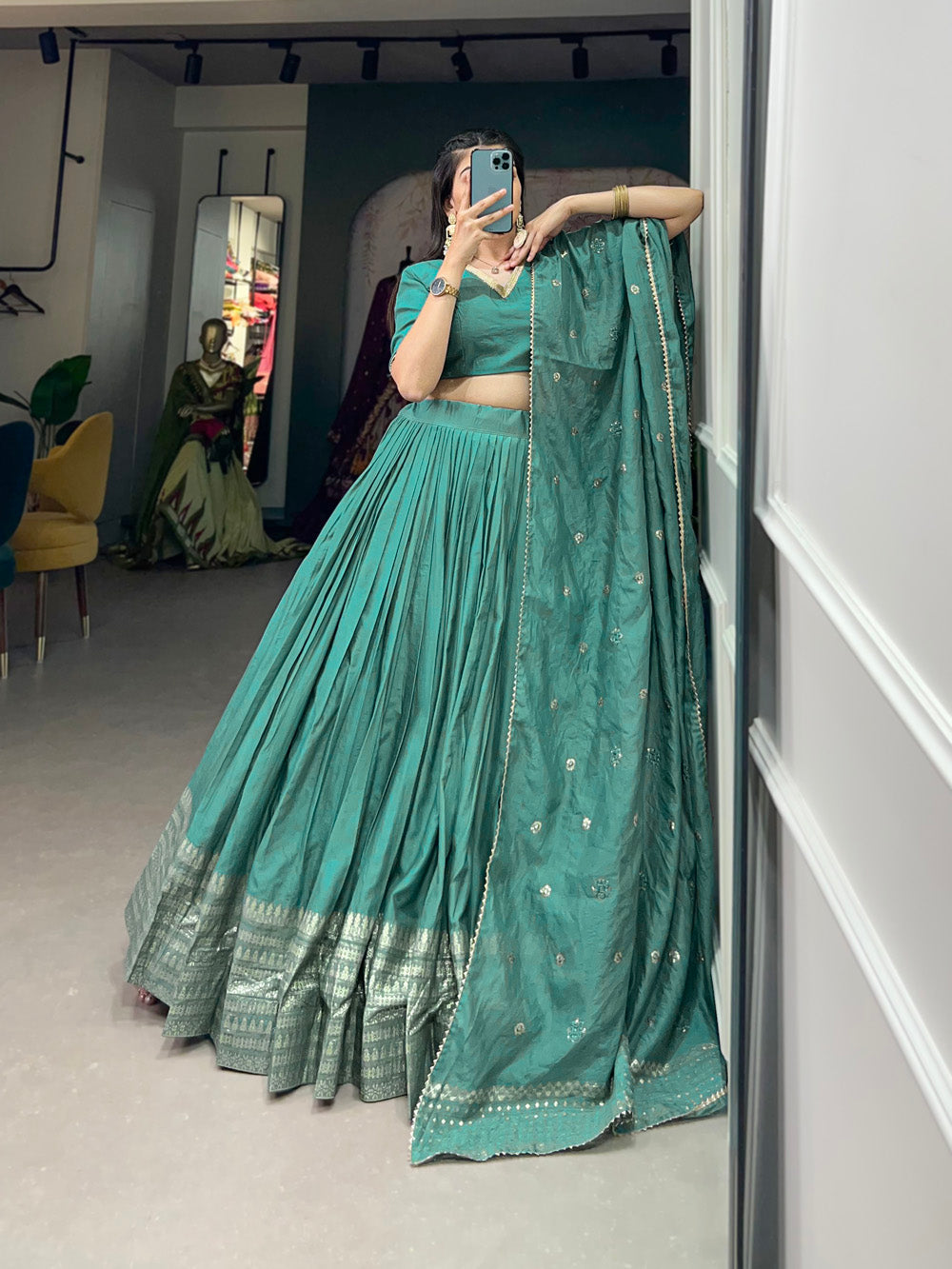 See Green Color Plain With Zari Weaving Work Border Chanderi Wedding Lehenga Choli