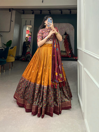 Mustard Color Print With Foil Work Tussar Silk Lehenga Choli