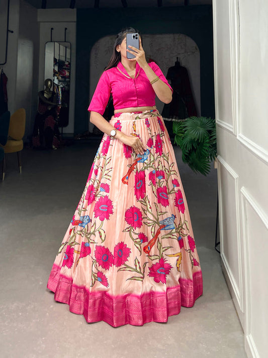 Pink Color Floral Print With Zari Weaving Work Border Dola Silk Co-ord Set lehenga Choli