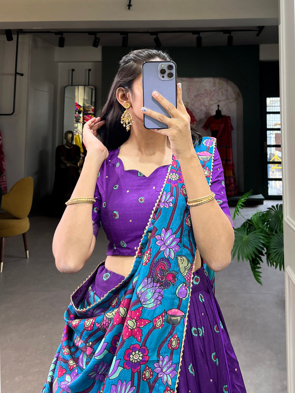 Purple Color Kalamkari Print With Foil Work Tussar Silk Lehenga Choli