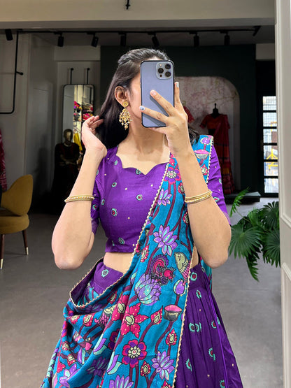 Purple Color Kalamkari Print With Foil Work Tussar Silk Lehenga Choli