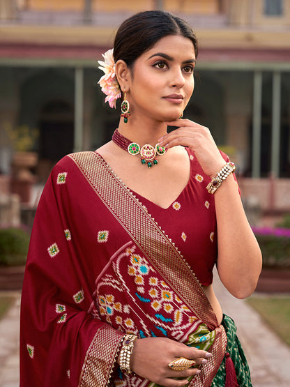 Green Color Hyderabadi Patola With Foil Print Tussar Silk Lehenga Choli