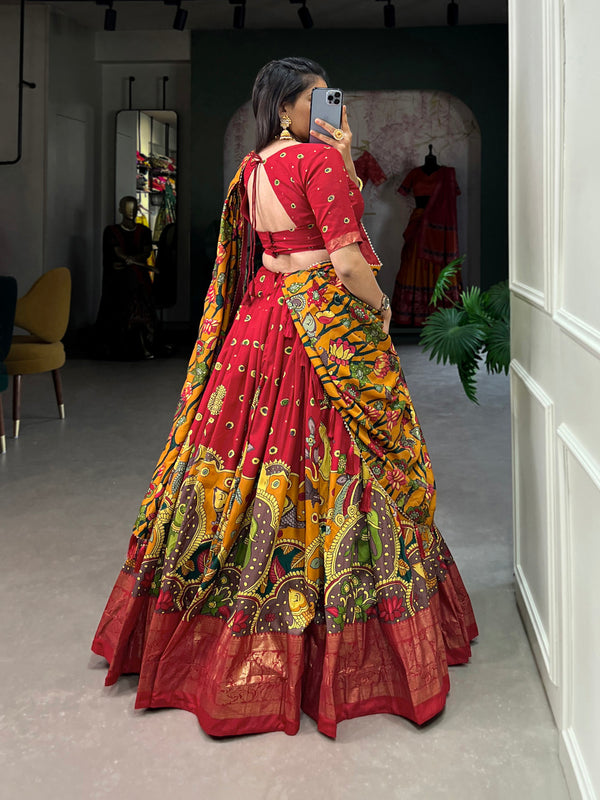 Red Color Kalamkari Print With Foil Work Tussar Silk Lehenga Choli