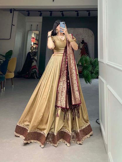 Chiku Color Plain With Jacquard Lace Border Vichitra Silk Lehenga Choli