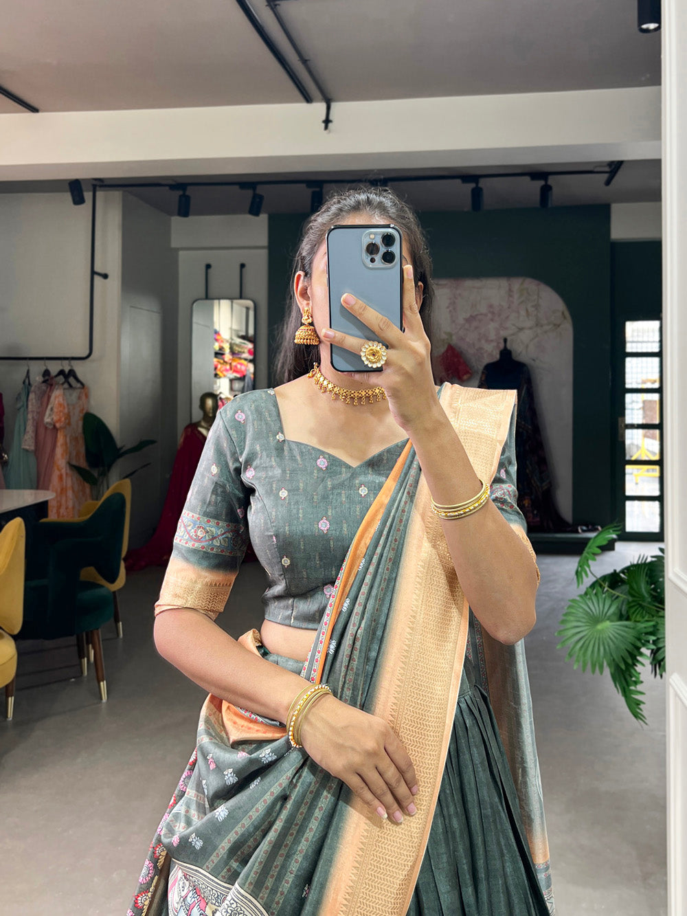 See Green Color Kalamkari Print With Weaving Border Dola Silk Lehenga Choli
