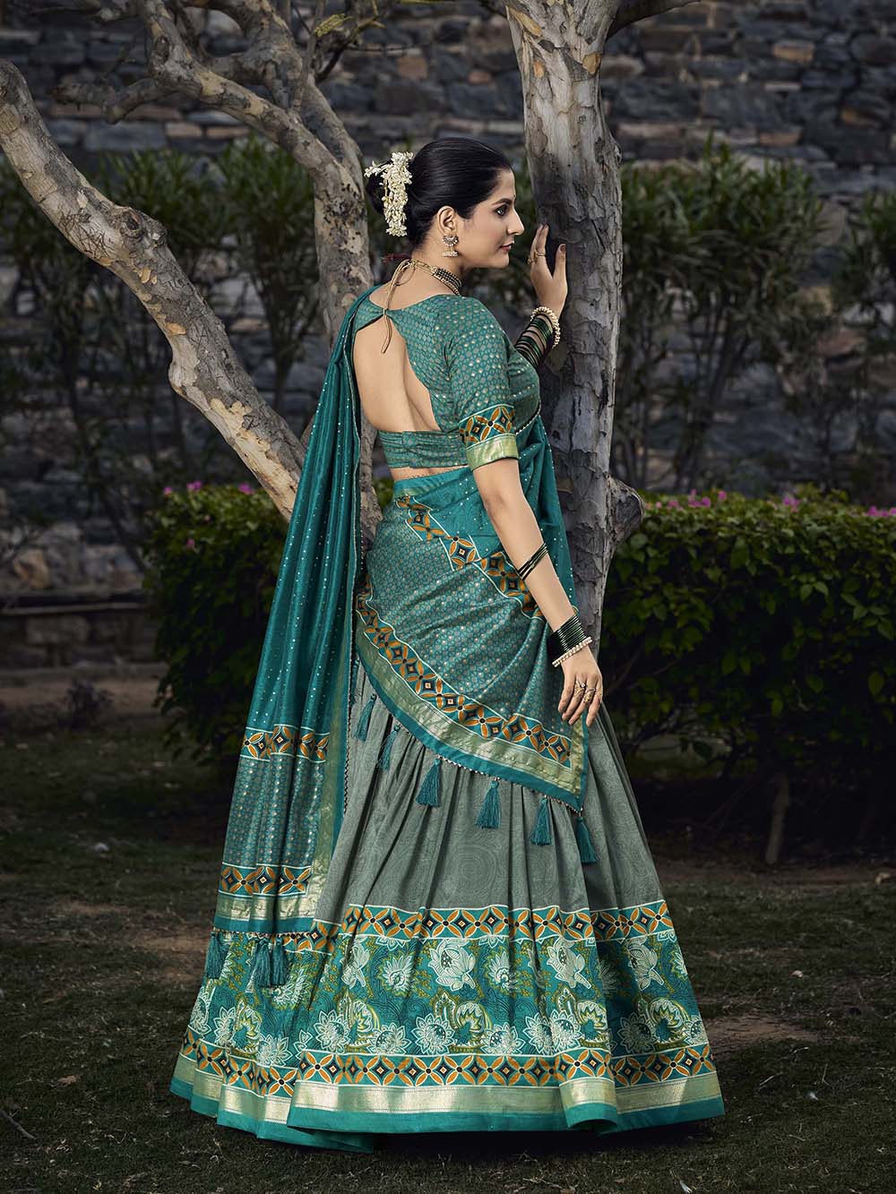 See Green Color Floral Print With Foil Print Tussar Silk Lehenga Choli