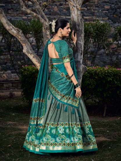 See Green Color Floral Print With Foil Print Tussar Silk Lehenga Choli