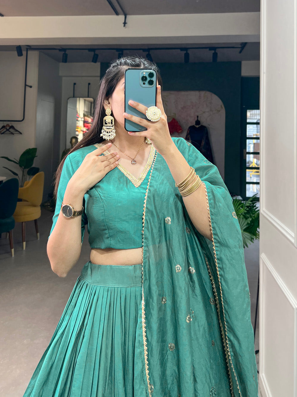 See Green Color Plain With Zari Weaving Work Border Chanderi Wedding Lehenga Choli