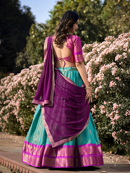 Sky Blue Color Zari Weaving Work Kanchipuram Women Half Saree Lehenga Set