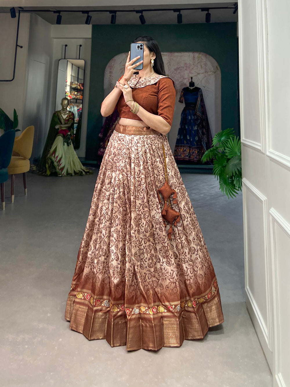 Brown Color Floral Print Zari Weaving Border Dola Silk Co-ord Set Lehenga Choli