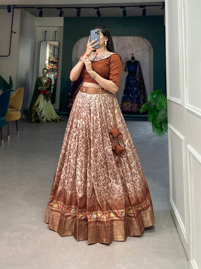 Brown Color Floral Print Zari Weaving Border Dola Silk Co-ord Set Lehenga Choli