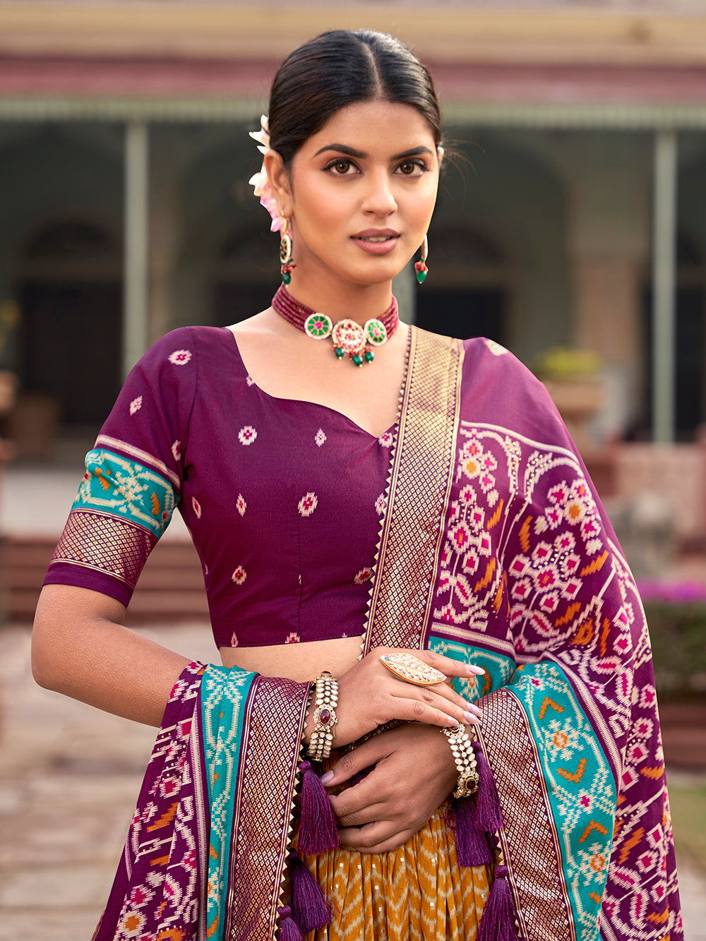Mustard Color Patola With Foil Print Tussar Silk Traditional Lehenga Choli