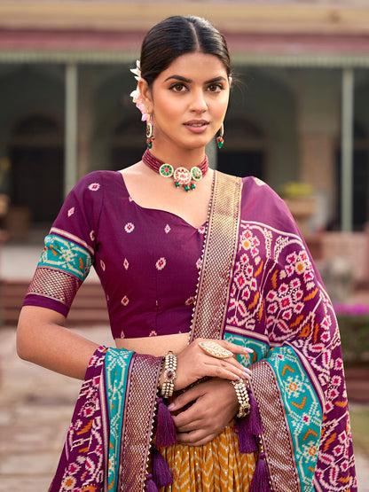 Mustard Color Patola With Foil Print Tussar Silk Traditional Lehenga Choli