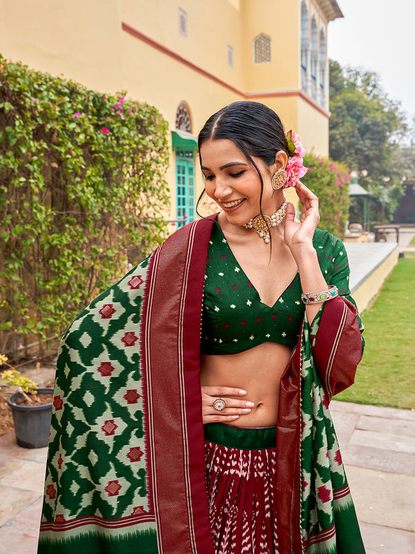 Maroon Color Print With Foil Work Tussar Silk Lehenga Choli