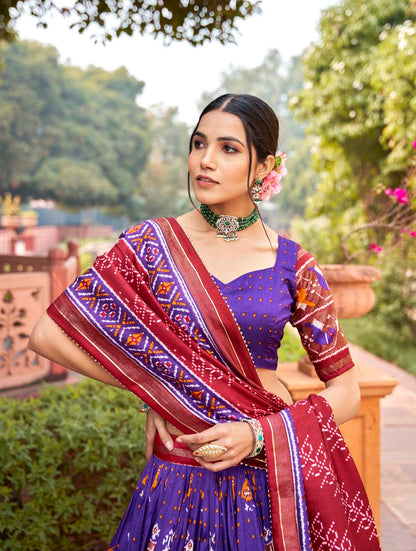 Purple Color Patola Print With Foil Work Tussar Silk Lehenga Choli