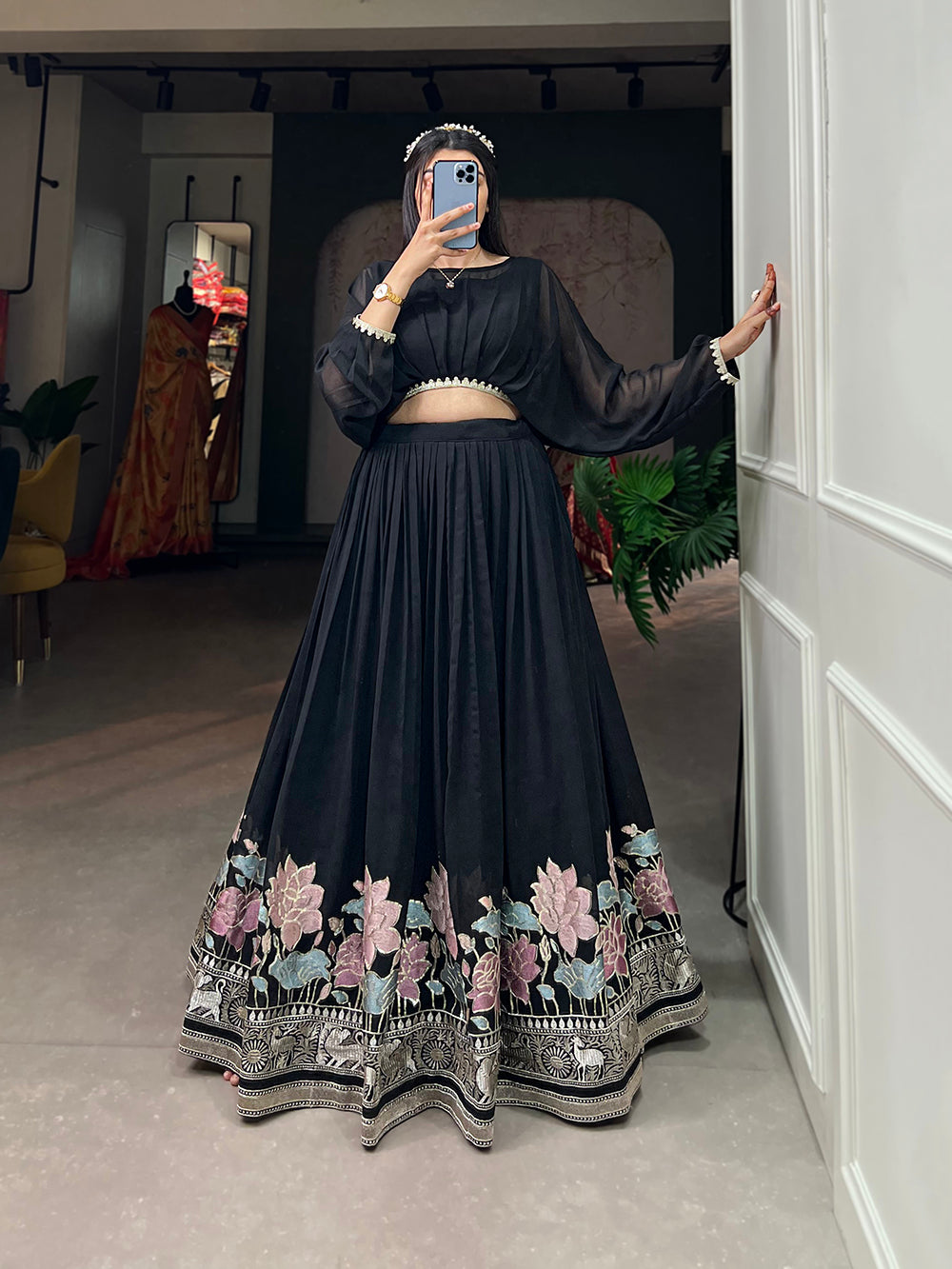 Black Color Sequins And Thread Embroidery Work Georgette Lehenga Choli