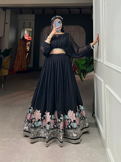 Black Color Sequins And Thread Embroidery Work Georgette Lehenga Choli