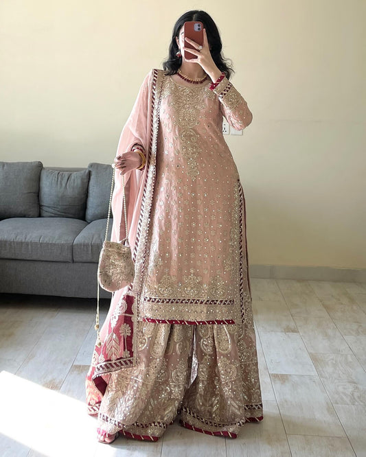 Vihana Pink Embroidered Kurti Palazzo Suit Set