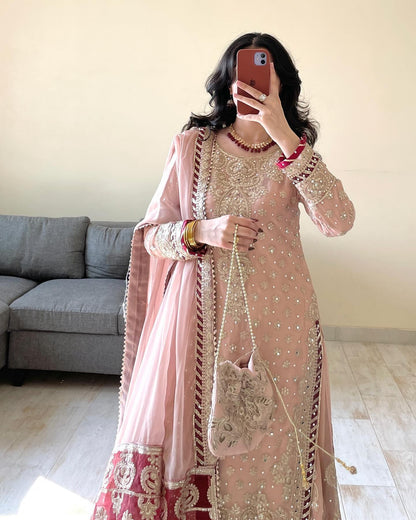 Vihana Pink Embroidered Kurti Palazzo Suit Set
