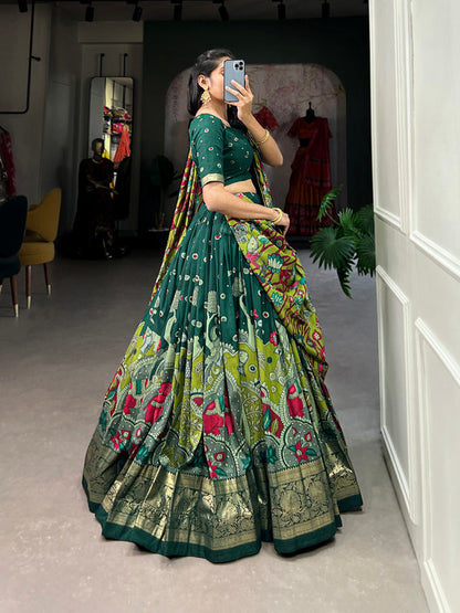 Green Color Kalamkari Print With Foil Work Tussar Silk Lehenga Choli