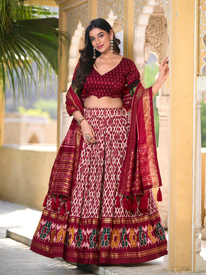 Maroon Color Ikkat Print With Foil Work Tussar Silk Lehenga Choli