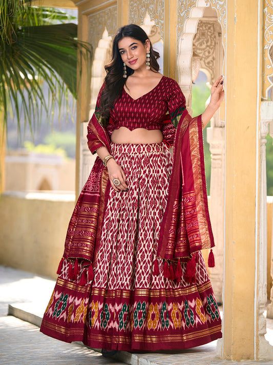 Maroon Color Ikkat Print With Foil Work Tussar Silk Lehenga Choli