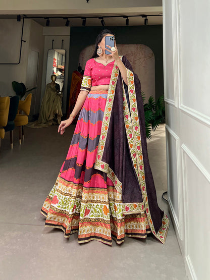 Pink Color Printed With Sequins Lace Border Vaishali silk Lehenga Choli