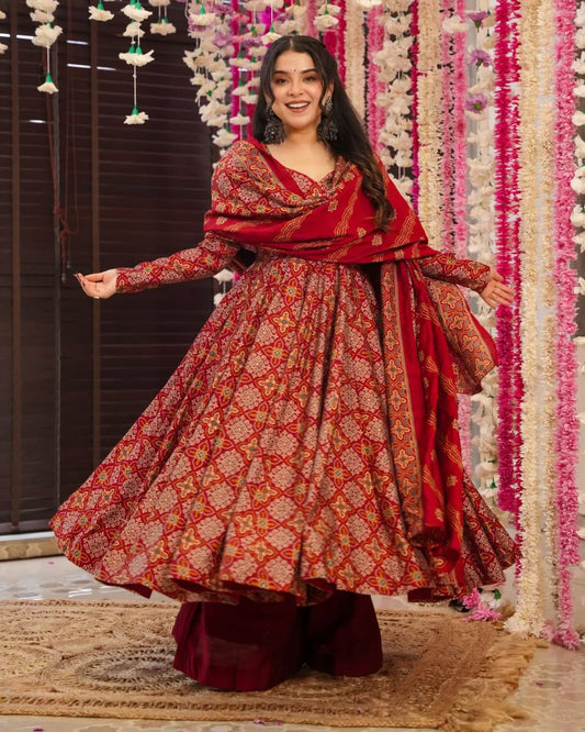 Wedding Wear Maroon Color Pure Soft Cotton Printed Anarkali Palazzo Suit Set