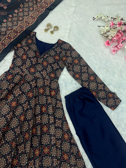Wedding Wear Black Color Pure Soft Cotton Printed Anarkali Palazzo Suit Set
