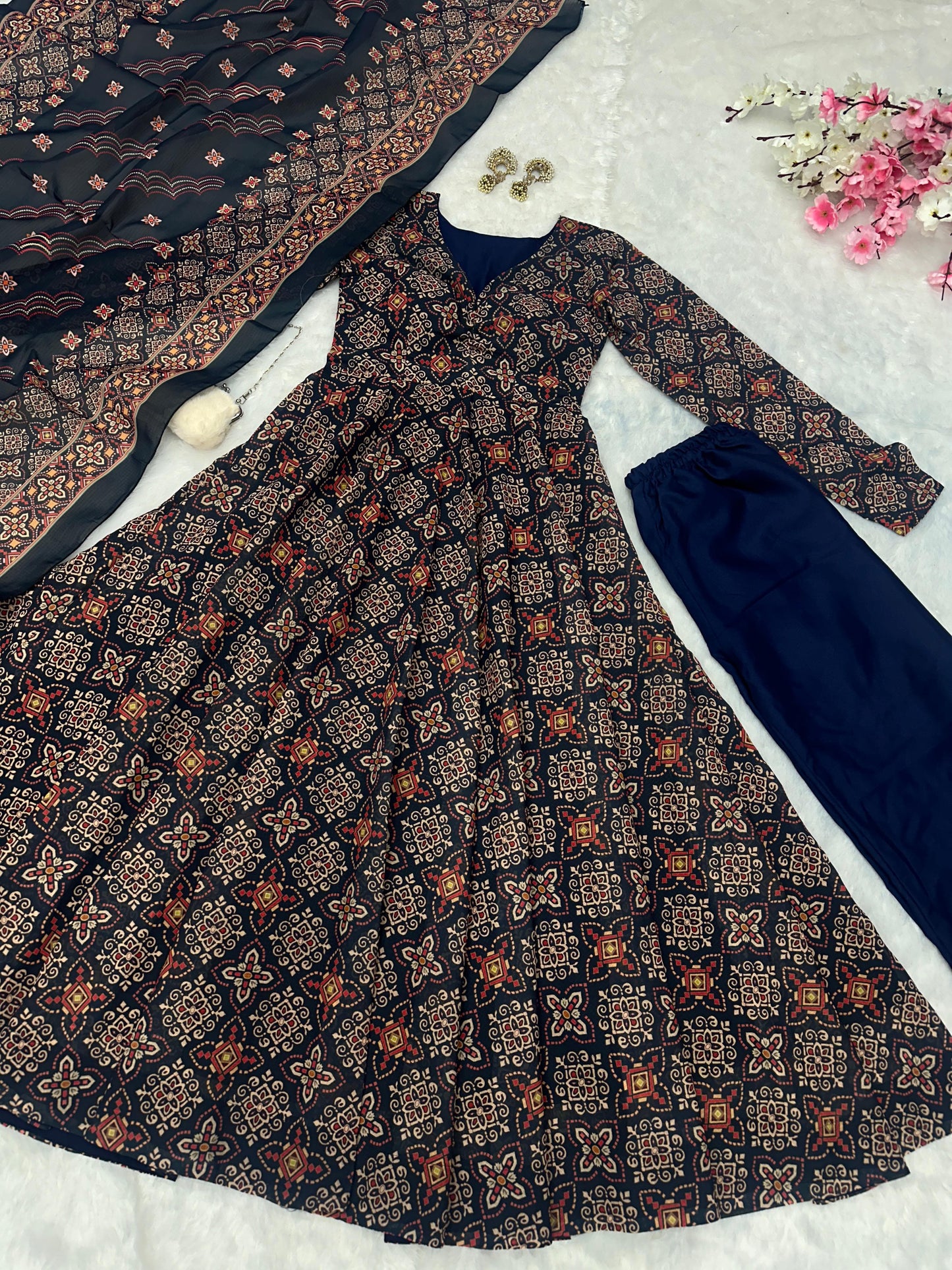Wedding Wear Black Color Pure Soft Cotton Printed Anarkali Palazzo Suit Set