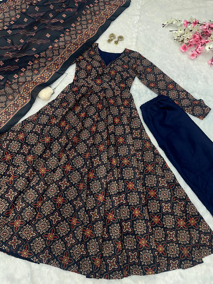Wedding Wear Black Color Pure Soft Cotton Printed Anarkali Palazzo Suit Set