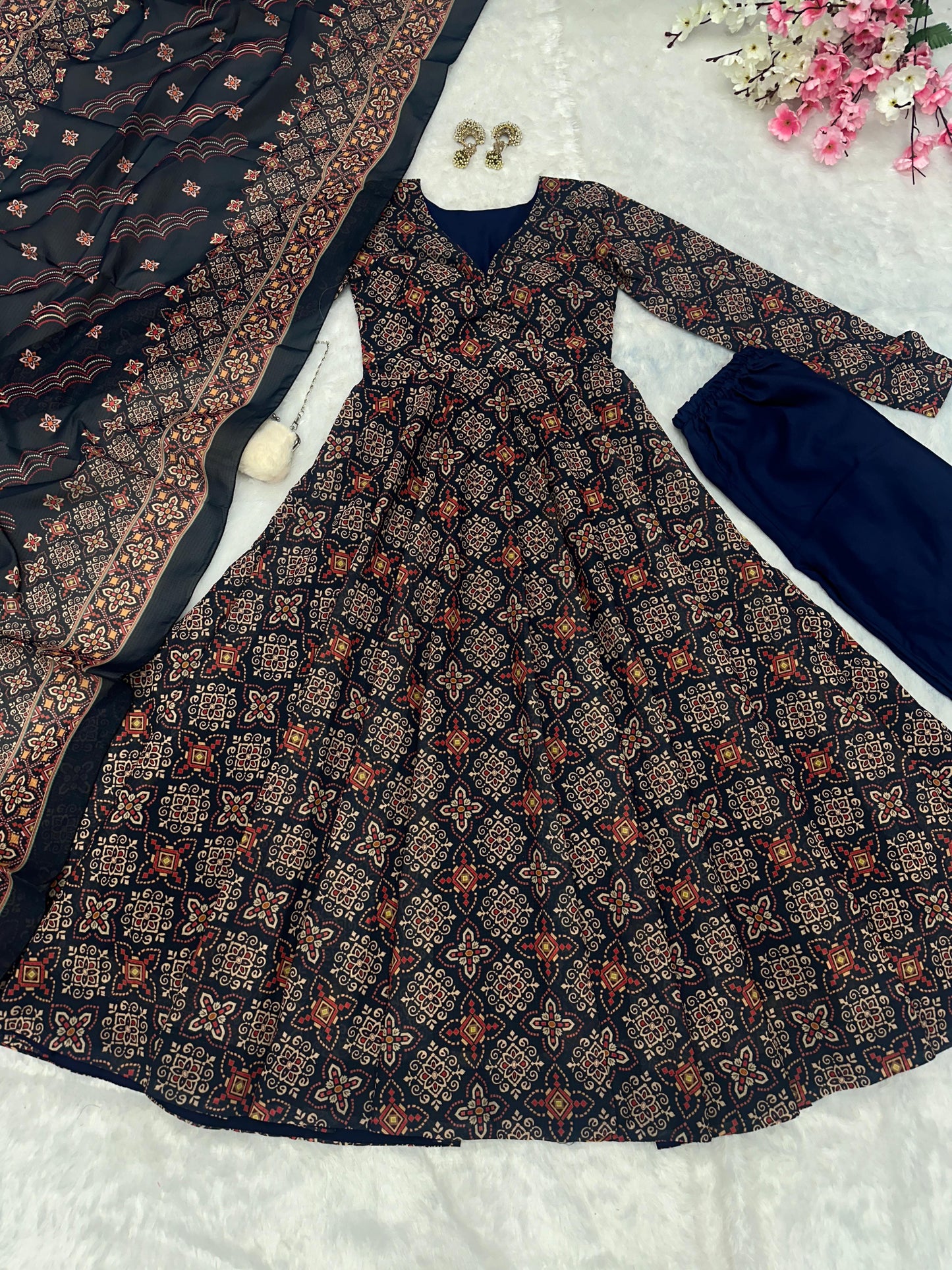 Wedding Wear Black Color Pure Soft Cotton Printed Anarkali Palazzo Suit Set