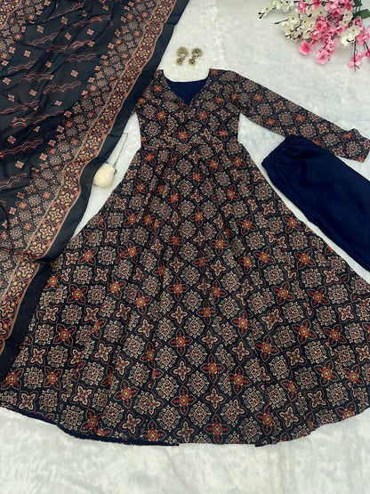 Wedding Wear Black Color Pure Soft Cotton Printed Anarkali Palazzo Suit Set