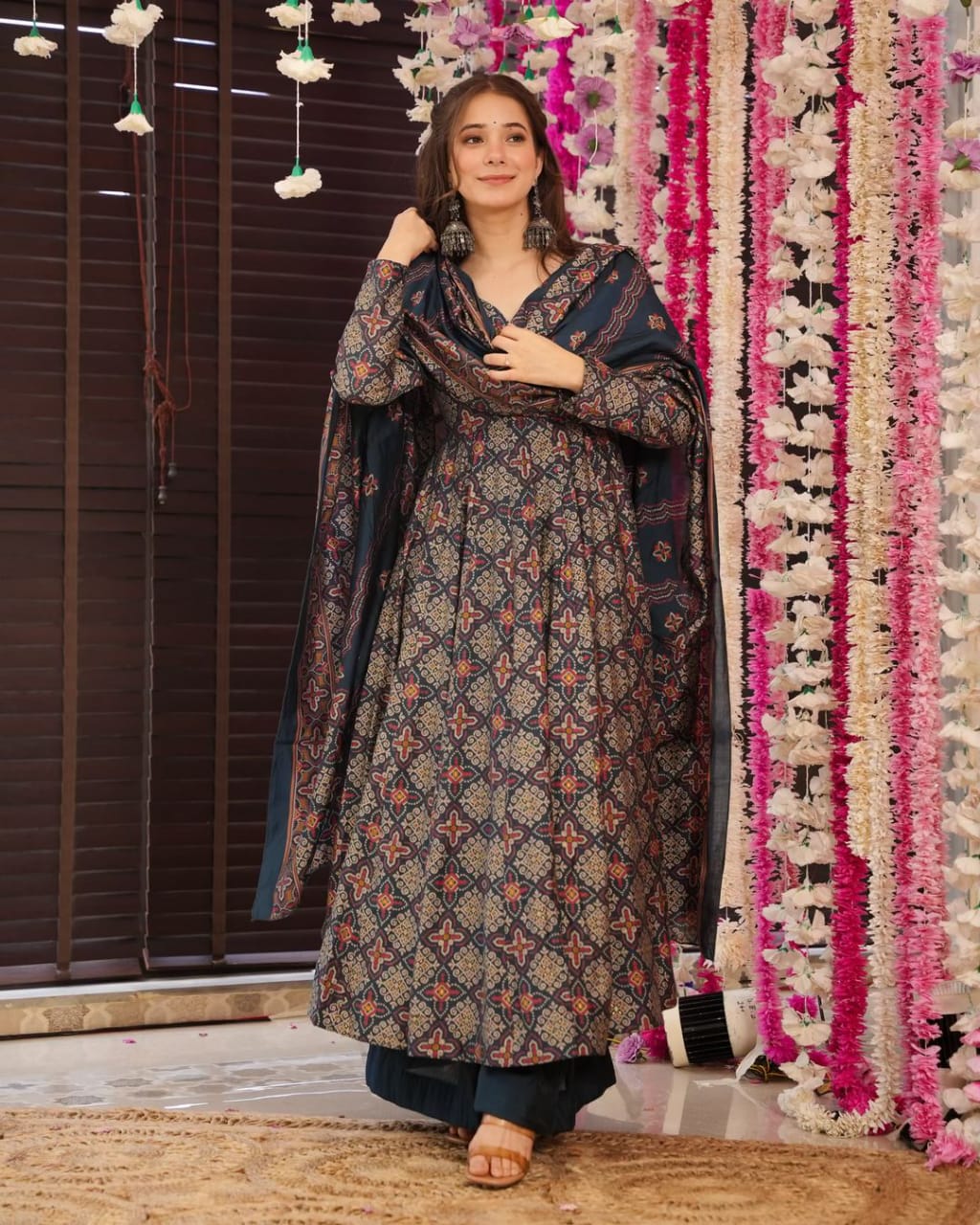 Wedding Wear Black Color Pure Soft Cotton Printed Anarkali Palazzo Suit Set