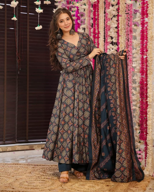 Wedding Wear Black Color Pure Soft Cotton Printed Anarkali Palazzo Suit Set