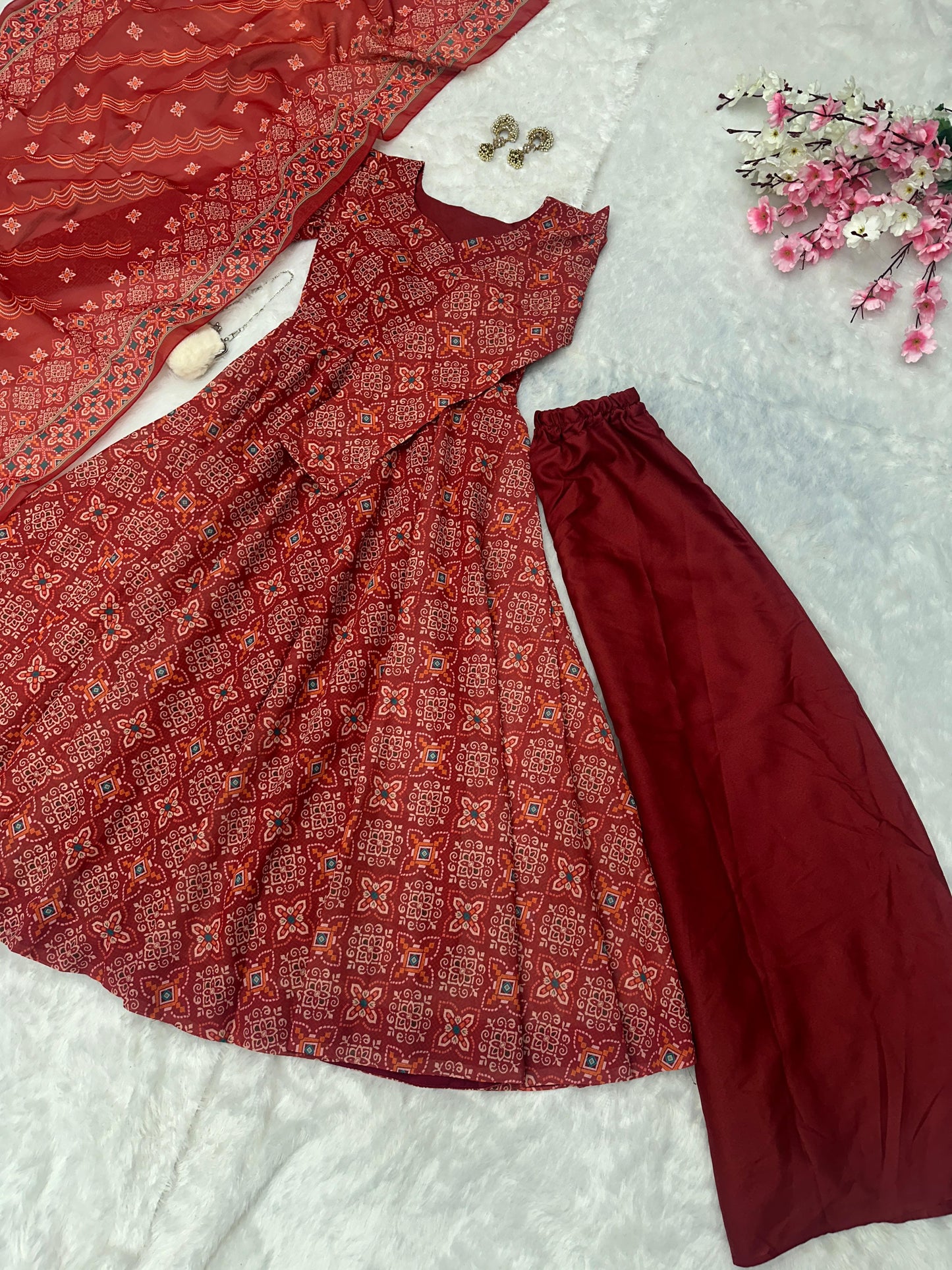 Wedding Wear Maroon Color Pure Soft Cotton Printed Anarkali Palazzo Suit Set