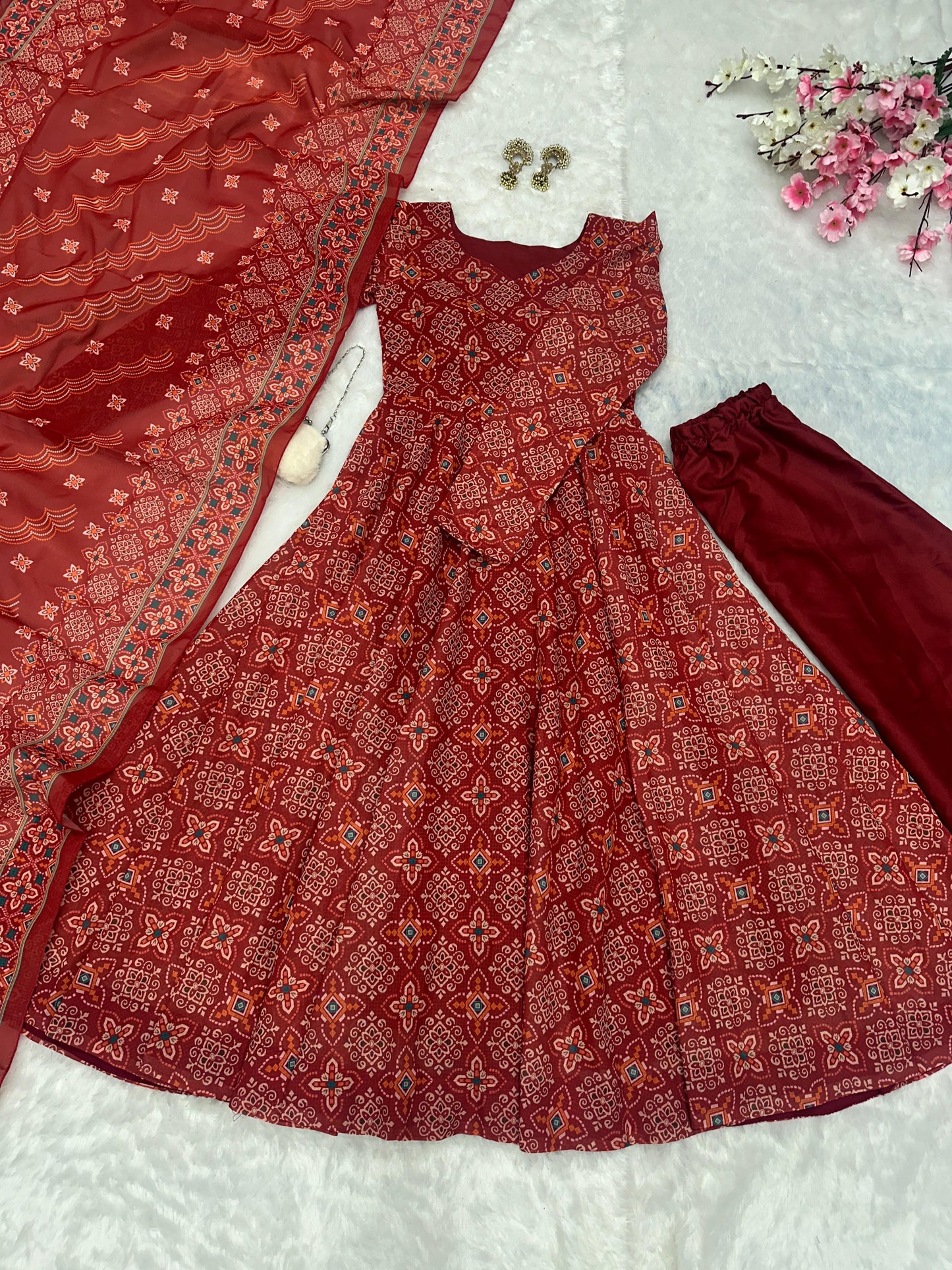 Wedding Wear Maroon Color Pure Soft Cotton Printed Anarkali Palazzo Suit Set