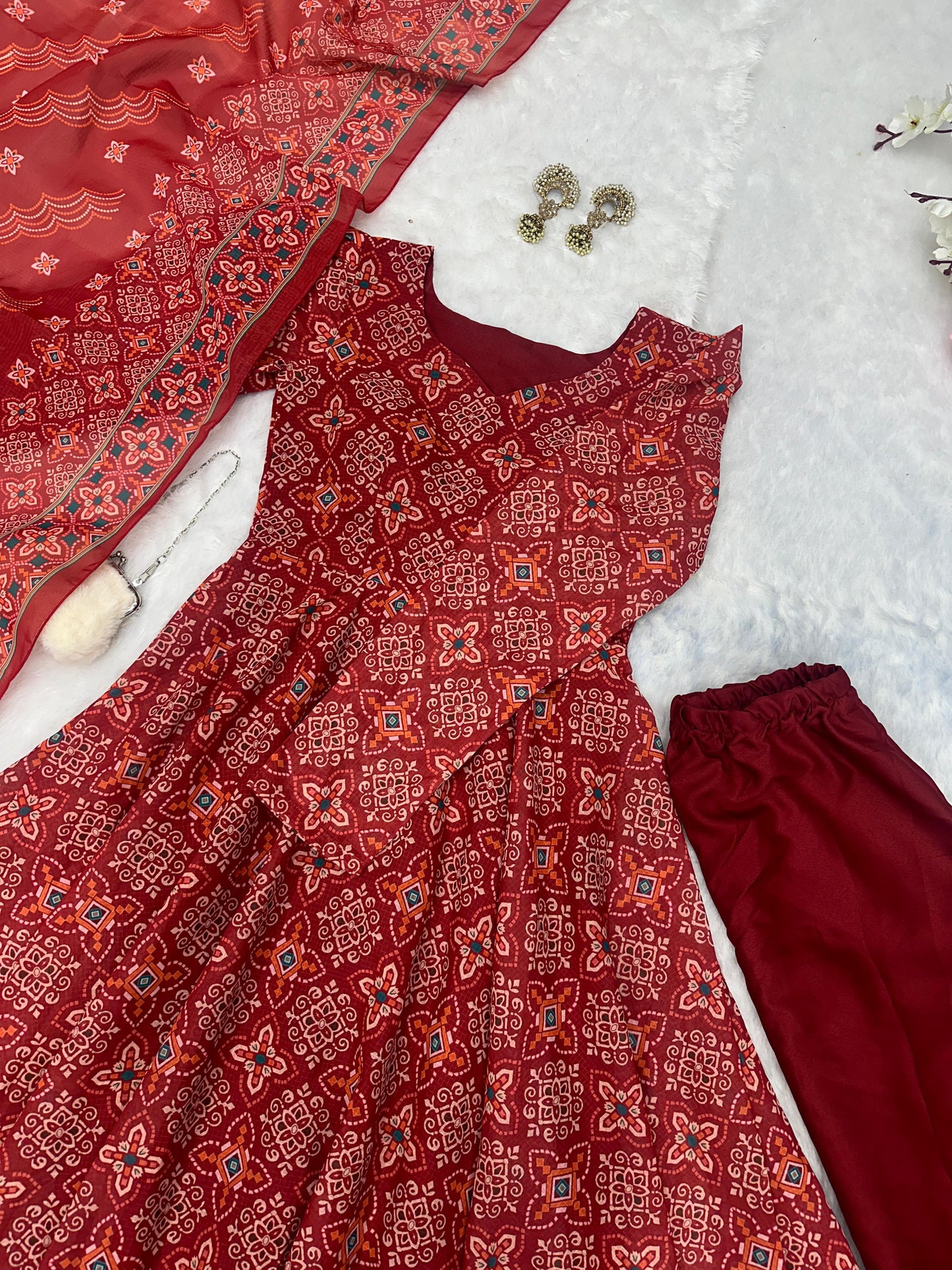 Wedding Wear Maroon Color Pure Soft Cotton Printed Anarkali Palazzo Suit Set