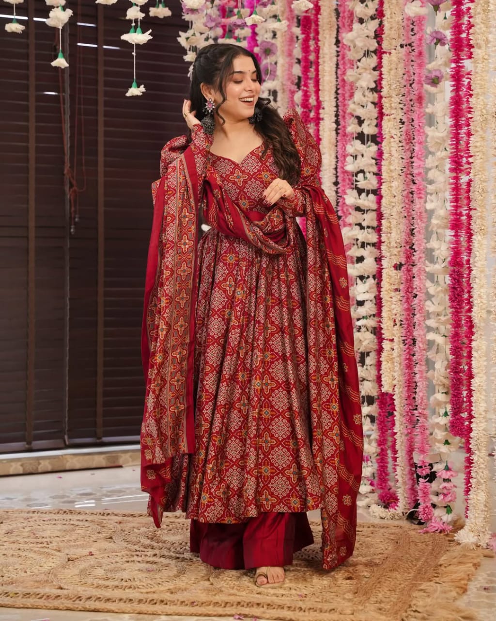 Wedding Wear Maroon Color Pure Soft Cotton Printed Anarkali Palazzo Suit Set