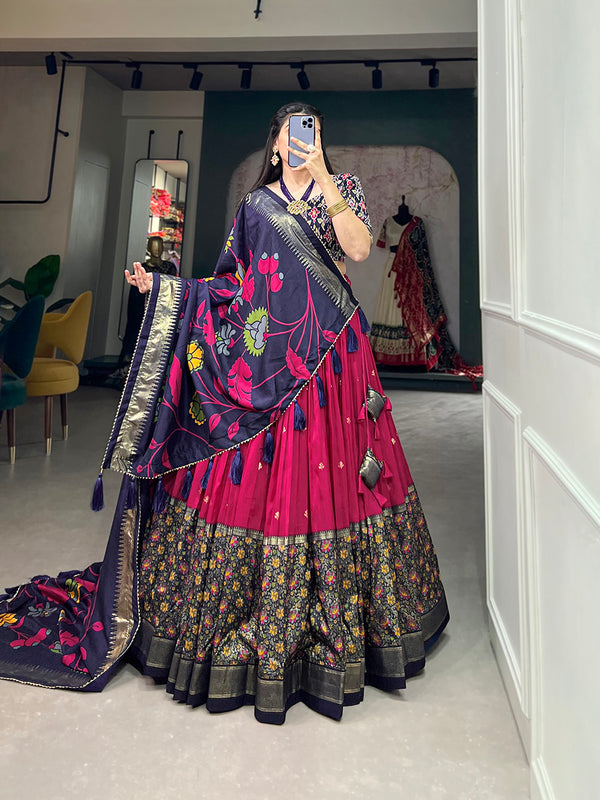 Pink Color Print With Foil Work Tussar Silk Lehenga Choli