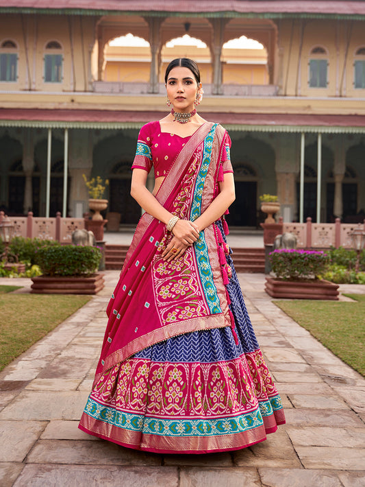 Blue Color Gujrati Patola With Foil Print Tussar Silk Lehenga Choli