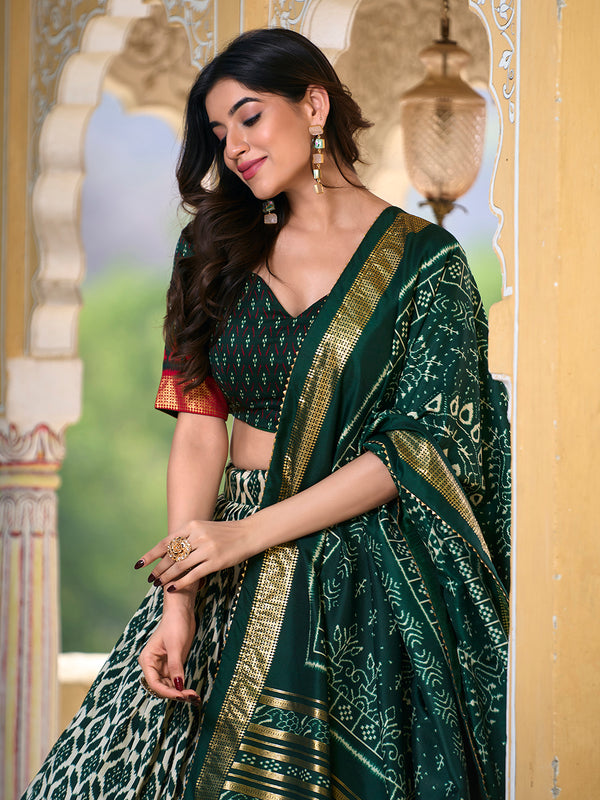 Green Color Ikkat Print With Foil Work Tussar Silk Lehenga Choli