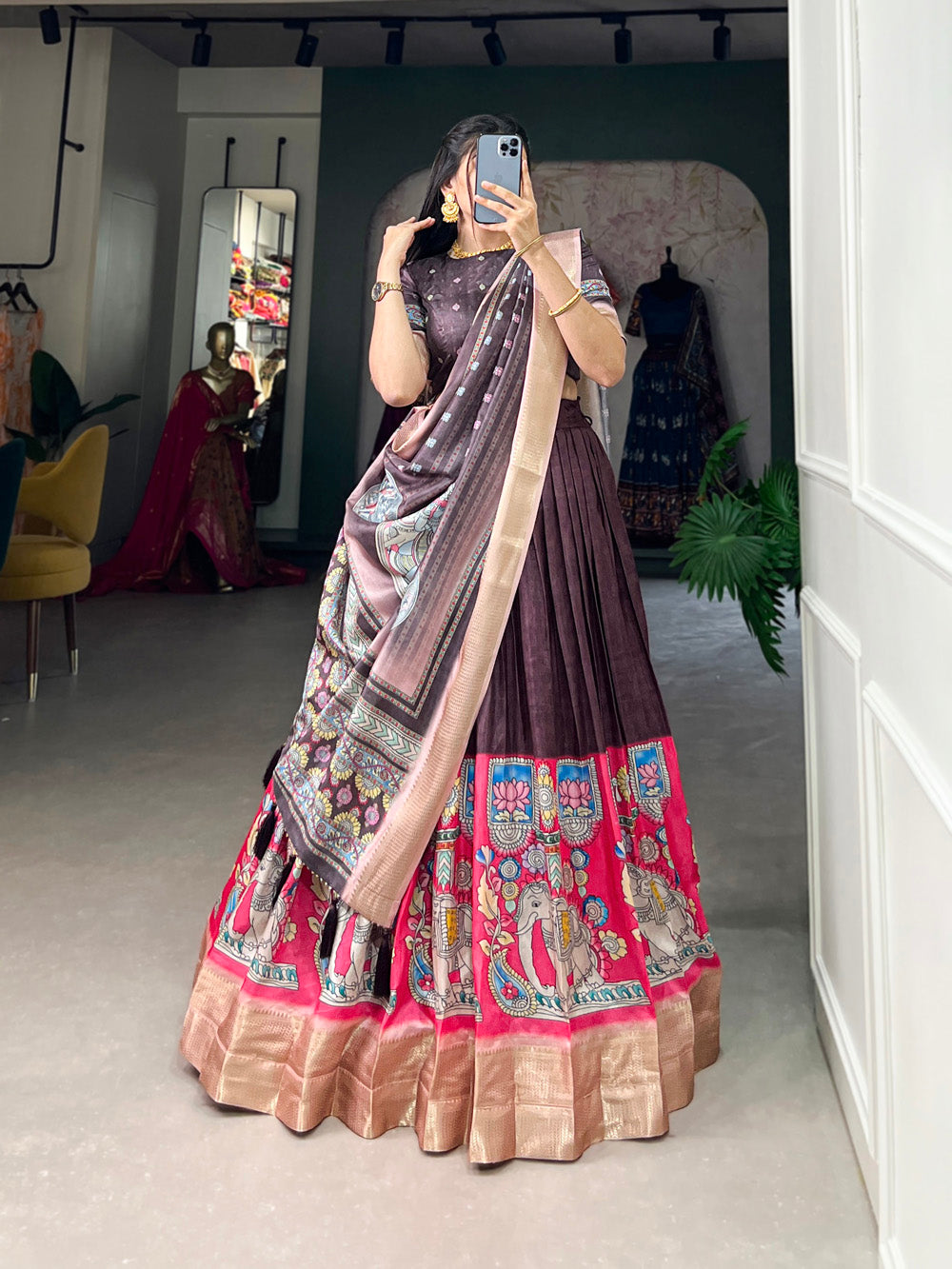 Brown Color Kalamkari Print With Weaving Border Dola Silk Lehenga Choli