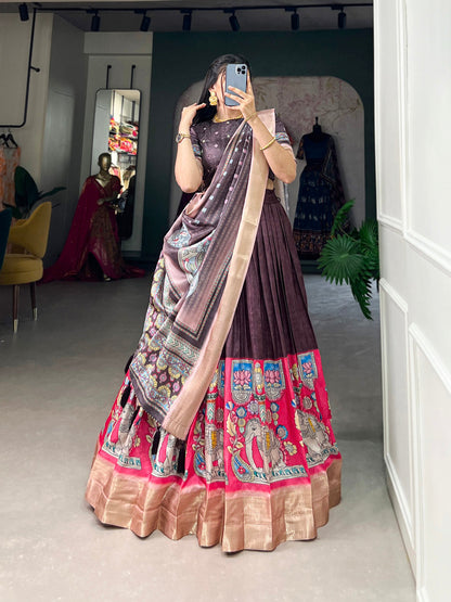 Brown Color Kalamkari Print With Weaving Border Dola Silk Lehenga Choli