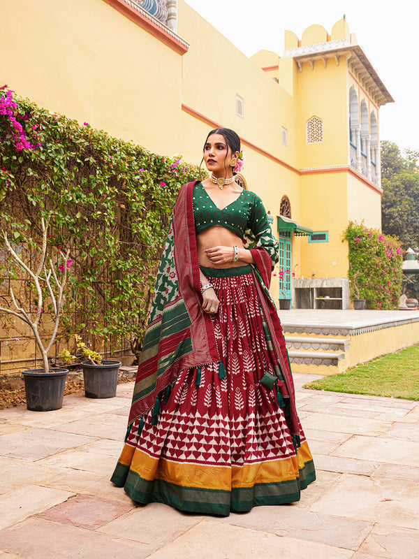 Maroon Color Print With Foil Work Tussar Silk Lehenga Choli