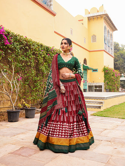 Maroon Color Print With Foil Work Tussar Silk Lehenga Choli